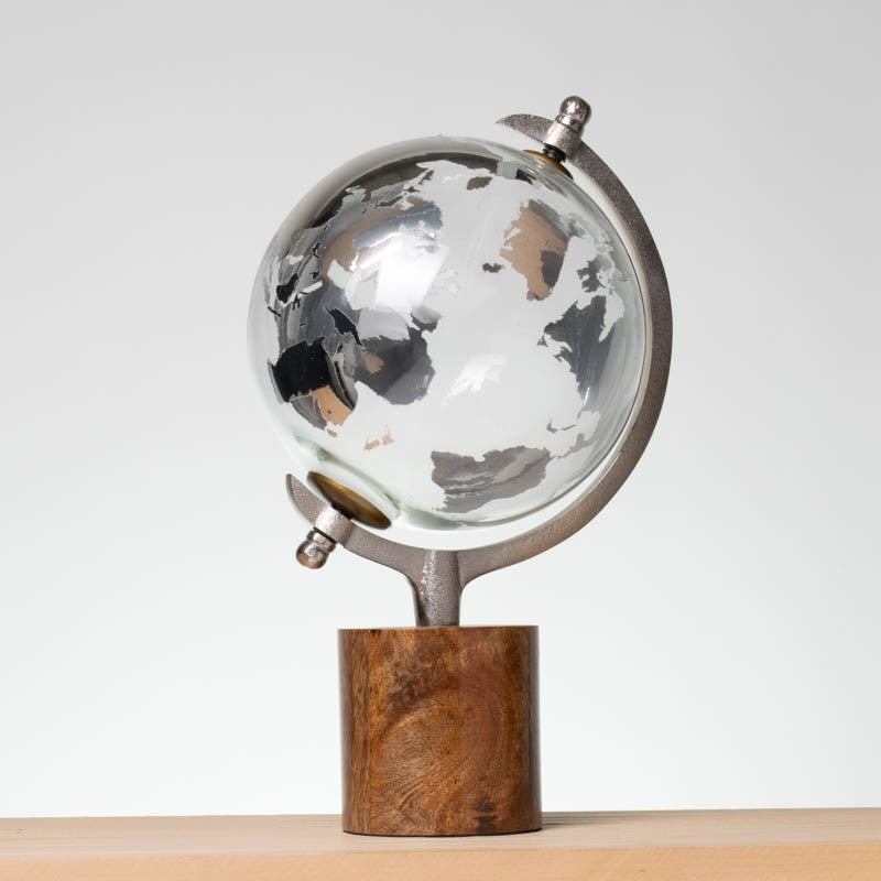 Globo Terráqueo Base Madera 21x8 cm Vidrio Aluminio